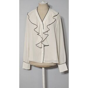 Muse Republic Clothing Ivory/Black Long-sleeve‎ Front Ruffle Blouse Small Petite
